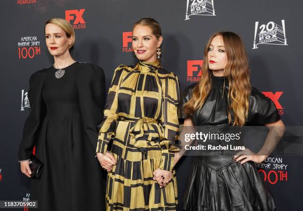 Sarah Paulson, Leslie Grossman and Billie Lourd attend FX's "American Horror Story" 100th Episode Celebration at Hollywood Forever on October 26,...