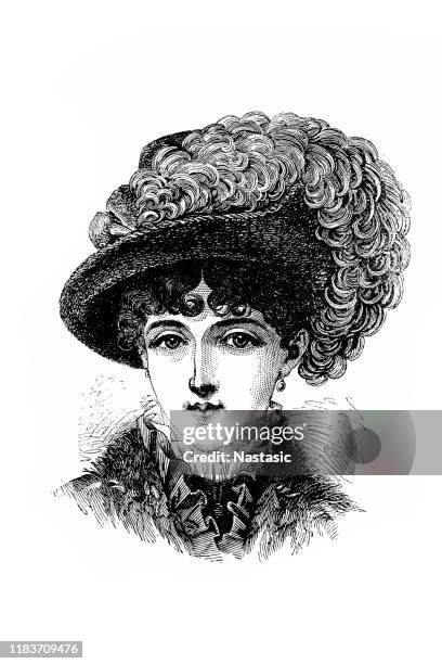 illustrazioni stock, clip art, cartoni animati e icone di tendenza di donna di moda vittoriana, cappello rembrandt - velluto