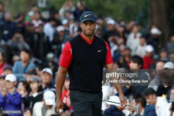 Tiger Woods of the United States reacts on the 9th green during the final round of the Zozo Championship at Accordia Golf Narashino Country Club on...