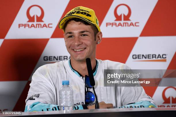 Lorenzo Dalla Porta of Italy and Leopard Racing celebrates the Moto3 victory and the 2019 Moto3 Championship during the press conference at the end...