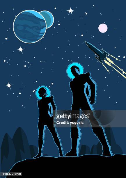 stockillustraties, clipart, cartoons en iconen met vector retro astronaut paar silhouet in ruimte illustratie - futuristisch