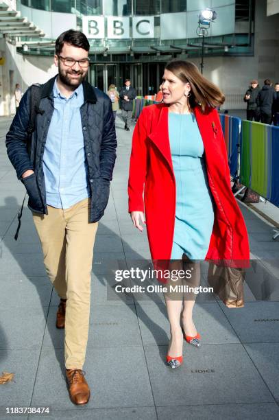 Jo Swinson leader of The Liberal Democrats attends Andrew Marr's BBC Political Sunday Morning Show at BBC Broadcast House on October 27, 2019 in...