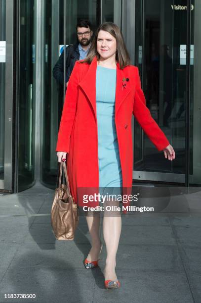 Jo Swinson leader of The Liberal Democrats attends Andrew Marr's BBC Political Sunday Morning Show at BBC Broadcast House on October 27, 2019 in...