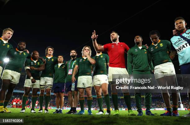 Duane Vermeulen of South Africa speaks to the South African team during the Rugby World Cup 2019 Semi-Final match between Wales and South Africa at...