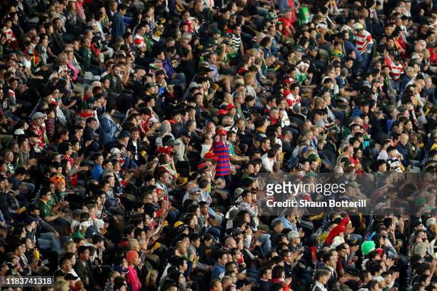 Fans watch the match during the Rugby World Cup 2019 Semi-Final match between Wales and South Africa at International Stadium Yokohama on October 27,...