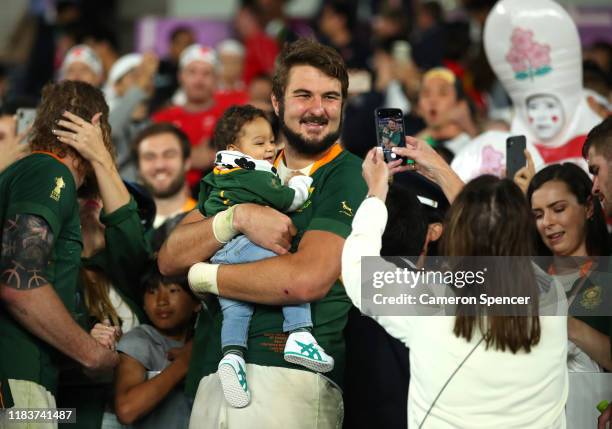 Lodewyk De Jager of South Africa celebrates following his team's victory in the Rugby World Cup 2019 Semi-Final match between Wales and South Africa...