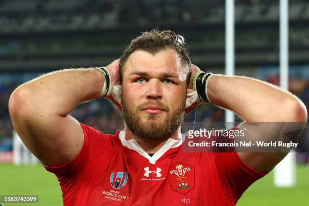 Duane Vermeulen or South Africa, wearing a Wales shirt, celebrates victory in the Rugby World Cup 2019 Semi-Final match between Wales and South...