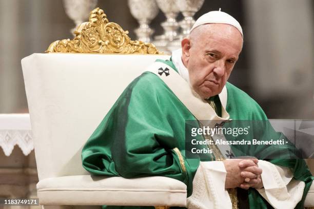 Pope Francis leads the closing mass of the synod on Pan Amazon Region in St. Peter's Basilica on October 27, 2019 in Rome, Italy.