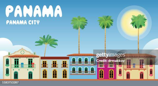 stockillustraties, clipart, cartoons en iconen met panama-stad en palm boom - koloniale stijl