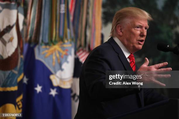 President Donald Trump makes a statement in the Diplomatic Reception Room of the White House October 27, 2019 in Washington, DC. President Trump...