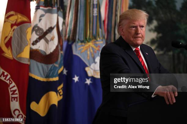 President Donald Trump makes a statement in the Diplomatic Reception Room of the White House October 27, 2019 in Washington, DC. President Trump...