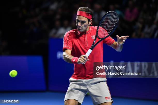 Roger Federer of Switzerland in action during the final match of the Swiss Indoors ATP 500 tennis tournament against of Alex de Minaur of Australia...