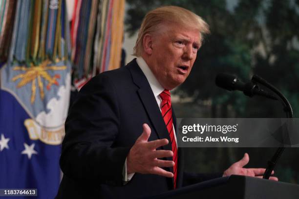 President Donald Trump makes a statement in the Diplomatic Reception Room of the White House October 27, 2019 in Washington, DC. President Trump...