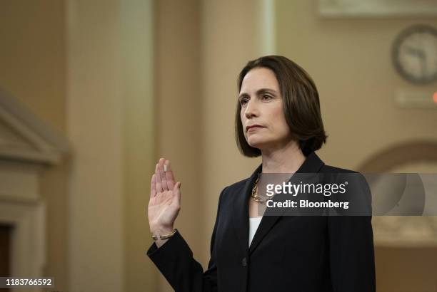 Fiona Hill, former National Security Council Russia expert, swears in to a House Intelligence Committee impeachment inquiry hearing in Washington,...
