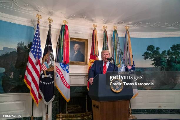 President Donald Trump makes a statement in the Diplomatic Reception Room of the White House October 27, 2019 in Washington, DC. President Trump...