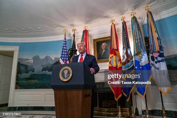 President Donald Trump makes a statement in the Diplomatic Reception Room of the White House October 27, 2019 in Washington, DC. President Trump...