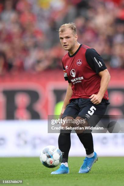 Johannes Geis of Nuernberg plays the ball during the Second Bundesliga match between 1. FC Nürnberg and SSV Jahn Regensburg at Max-Morlock-Stadion on...