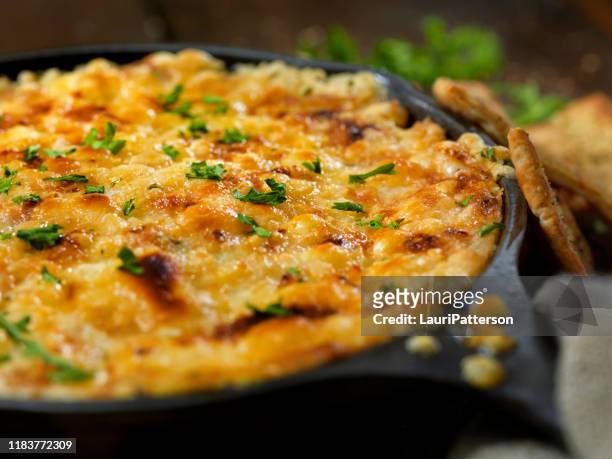 baked artichoke and asiago cheese dip with crispy pita chips - dips stock pictures, royalty-free photos & images