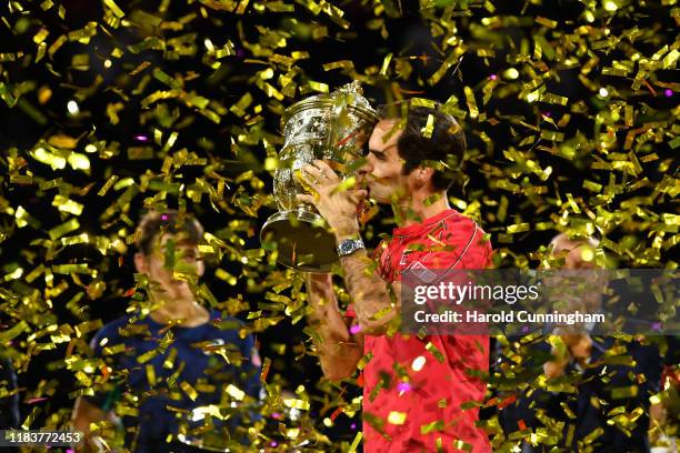 Roger Federer of Switzerland celebrates his victory during the final match of the Swiss Indoors ATP 500 tennis tournament against Alex de Minaur of...