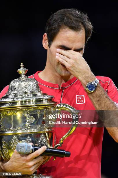 Roger Federer of Switzerland in action during the final match of the Swiss Indoors ATP 500 tennis tournament against of Alex de Minaur of Australia...