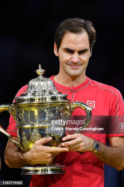 Roger Federer of Switzerland in action during the final match of the Swiss Indoors ATP 500 tennis tournament against of Alex de Minaur of Australia...