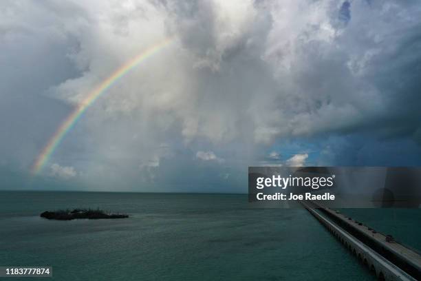 An aerial view from a drone shows part of the Seven Mile bridge running over the Strait of Florida on October 25, 2019 in Bahia Honda Key, Florida....
