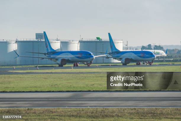 Batch of TUI fly Belgium or TUI Airways Boeing 737 MAX 8 airplanes grounded at Brussels National Airport Zaventem BRU EBBR in Belgium. The planes are...