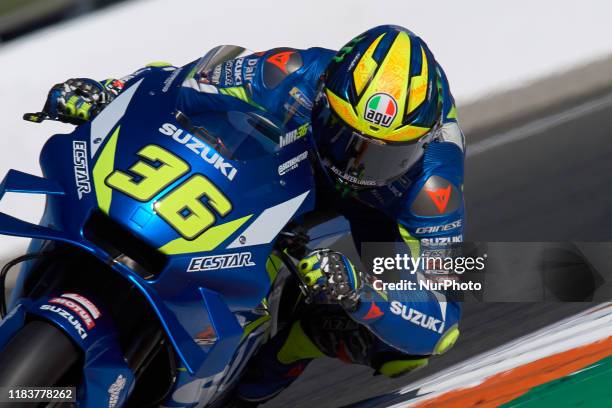 Joan Mir of Spain and Team Suzuki Ecstar during the test of the new MotoGP season 2020 at Ricardo Tormo Circuit on November 19, 2019 in Valencia,...