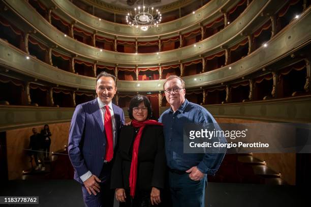 Alberto Cirio and Brad Bird pose for a picture at Teatro Sociale during the International Alba White Truffle Fair on October 18, 2019 in Alba, Italy.