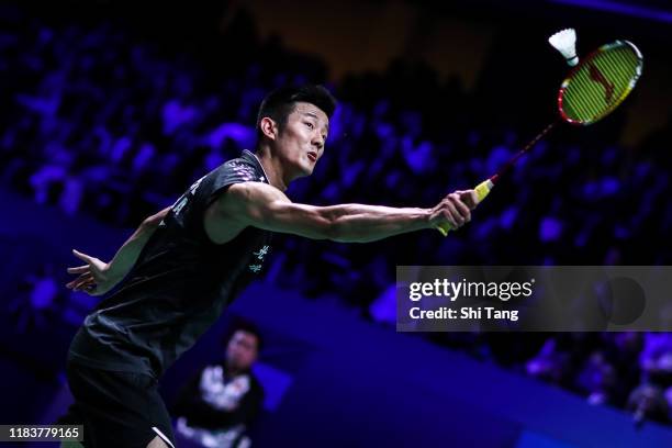 Chen Long of China competes in the Men's Single final match against Jonatan Christie of Indonesia on day six of the French Open at Stade Pierre de...