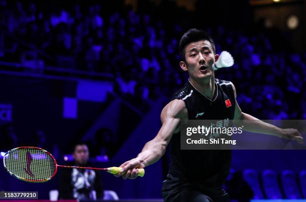Chen Long of China competes in the Men's Single final match against Jonatan Christie of Indonesia on day six of the French Open at Stade Pierre de...
