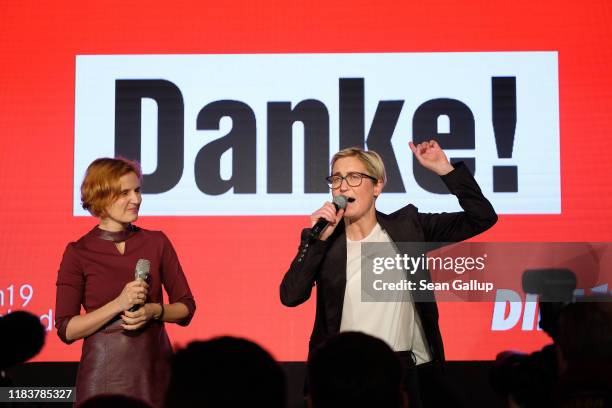 Katja Kipping and Susanne Hennig-Wellsow of the left-wing Die Linke party speak to party supporters after initial results gave the party a strong...