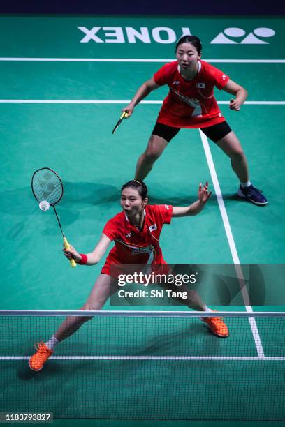 Kim So Yeong and Kong Hee Yong of Korea compete in the Women's Double final match against Lee So Hee and Shin Seung Chan of Korea on day six of the...