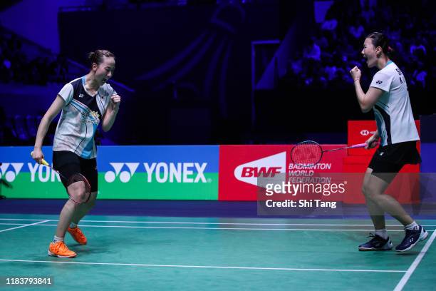 Lee So Hee and Shin Seung Chan of Korea react in the Women's Double final match against Kim So Yeong and Kong Hee Yong of Korea on day six of the...