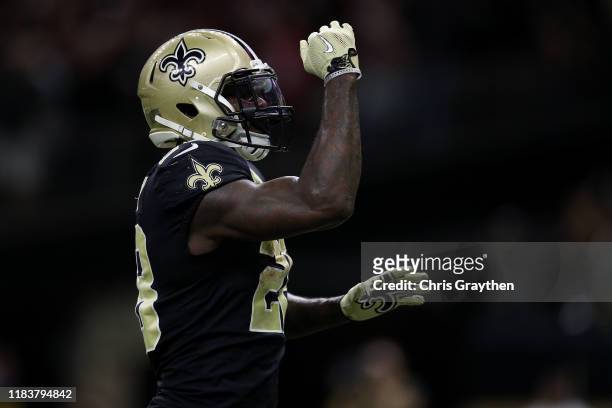 Latavius Murray of the New Orleans Saints celebrates after a touchdown against the Arizona Cardinals in the second quarter of their NFL game at...