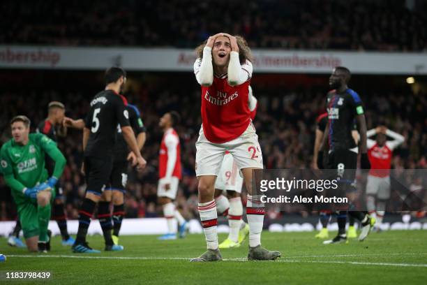 Matteo Guendouzi of Arsenal reacts during the Premier League match between Arsenal FC and Crystal Palace at Emirates Stadium on October 27, 2019 in...