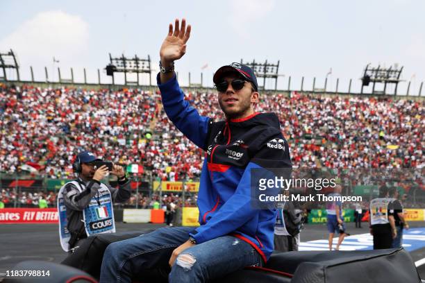 Pierre Gasly of France and Scuderia Toro Rosso waves to the crowd on the drivers parade before the F1 Grand Prix of Mexico at Autodromo Hermanos...