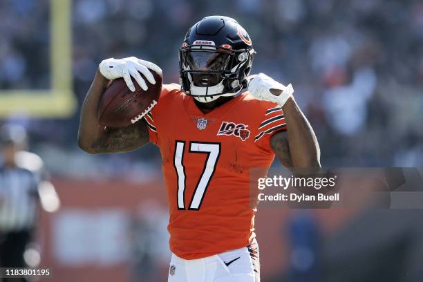 Anthony Miller of the Chicago Bears celebrates in the second quarter against the Los Angeles Chargers at Soldier Field on October 27, 2019 in...