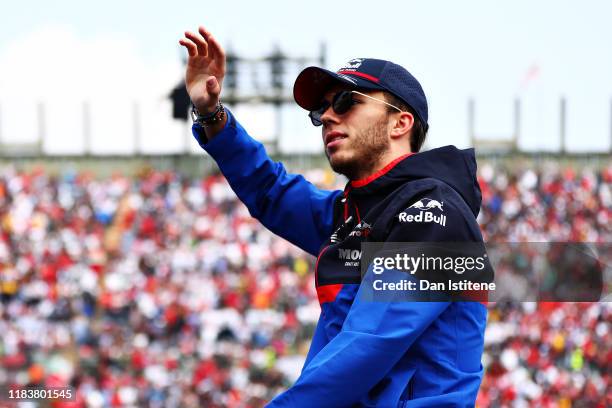 Pierre Gasly of France and Scuderia Toro Rosso waves to the crowd on the drivers parade before the F1 Grand Prix of Mexico at Autodromo Hermanos...