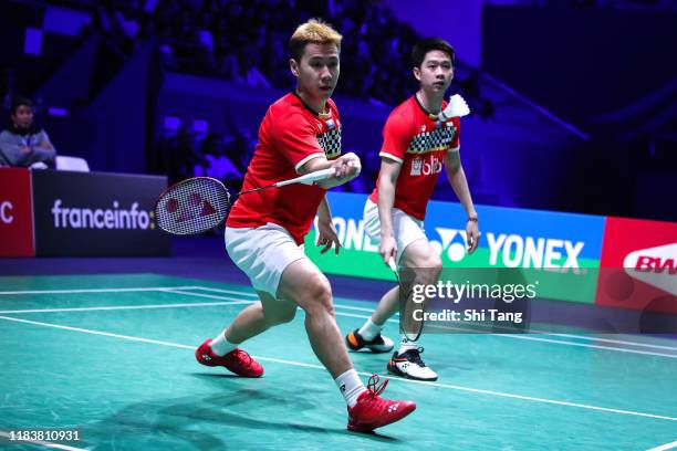 Marcus Fernaldi Gideon and Kevin Sanjaya Sukamuljo of Indonesia compete in the Men's Double final match against Satwiksairaj Rankireddy and Chirag...