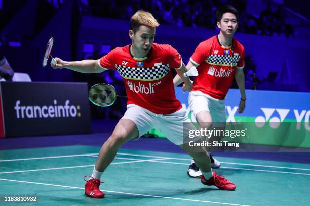 Marcus Fernaldi Gideon and Kevin Sanjaya Sukamuljo of Indonesia compete in the Men's Double final match against Satwiksairaj Rankireddy and Chirag...