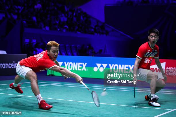 Marcus Fernaldi Gideon and Kevin Sanjaya Sukamuljo of Indonesia compete in the Men's Double final match against Satwiksairaj Rankireddy and Chirag...