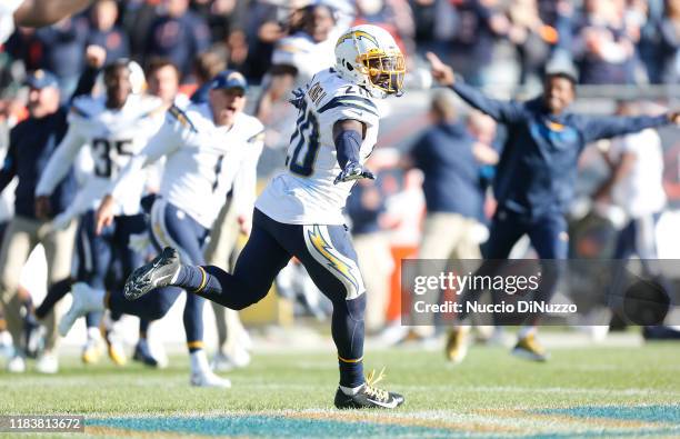 Desmond King of the Los Angeles Chargers celebrates following the missed field goal by Eddy Pineiro of the Chicago Bears during the fourth quarter at...