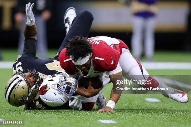 Kyler Murray of the Arizona Cardinals is sacked by Cameron Jordan of the New Orleans Saints during the second half of a game at the Mercedes Benz...