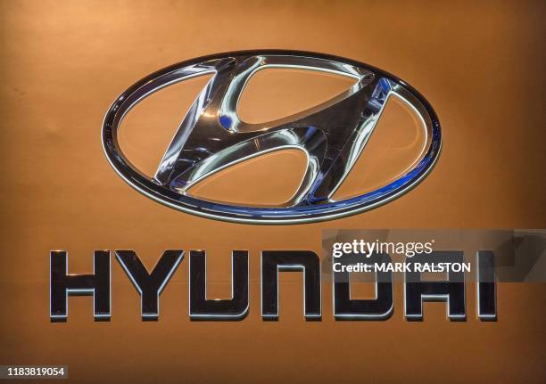 The Hyundai car logo on display during the AutoMobility LA event, at the 2019 Los Angeles Auto Show in Los Angeles, California on November 21, 2019....