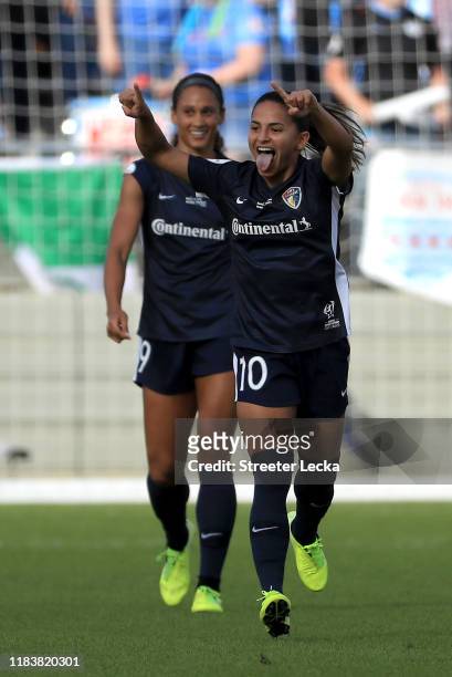 Debinha of North Carolina Courage reacts after scoring a goal against the Chicago Red Stars during the 2019 NWSL Championship game at WakeMed Soccer...