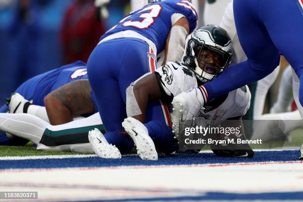 Jordan Howard of the Philadelphia Eagles scores a touchdown during the fourth quarter of an NFL game against the Buffalo Bills at New Era Field on...