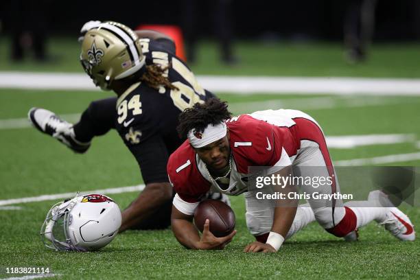 Cameron Jordan of the New Orleans Saints sacks Kyler Murray of the Arizona Cardinals at Mercedes Benz Superdome on October 27, 2019 in New Orleans,...