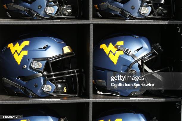 View of West Virginia Mountaineers helmets before a Big 12 football game between the West Virginia Mountaineers and Kansas State Wildcats on November...