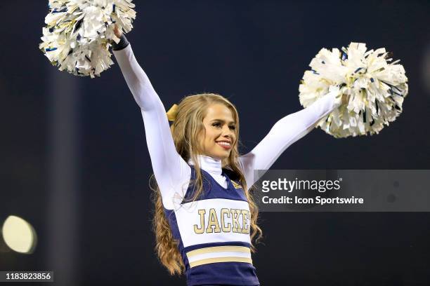 Georgia Tech cheerleader cheers during the college football game between the North Carolina State Wolfpack and the Georgia Tech Yellow Jackets on...